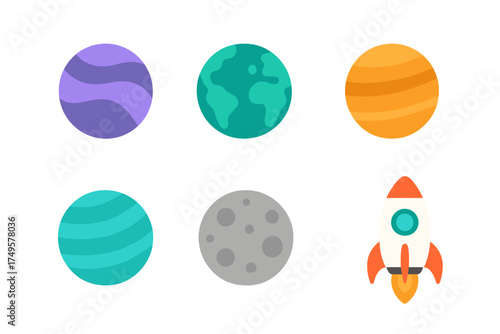Stylized planets and space rocket icons set on clean white background