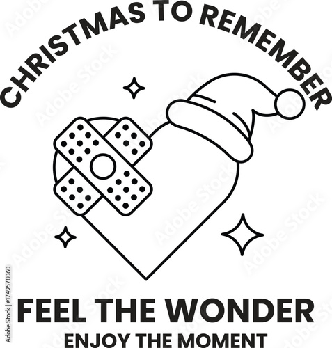 A black and white Christmas card with a heart and a Santa hat on it