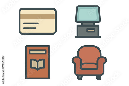 Four basic symbols for finance, technology, reading, and home furnishings