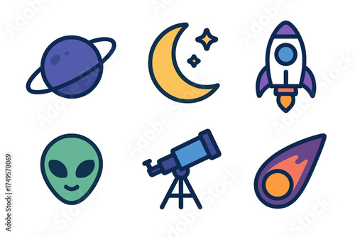 Colorful set of space and astronomy icons featuring planet, moon, rocket, and alien