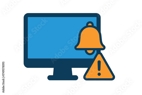 Desktop computer screen displaying notification bell and warning alert icon