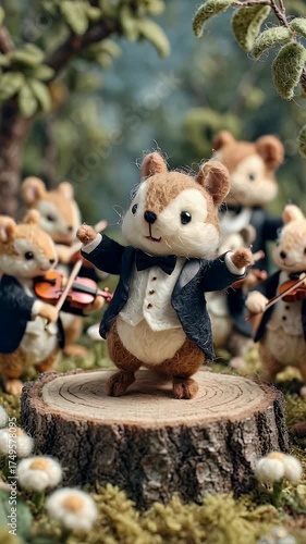 Animated chipmunks orchestra performing outdoors on a wooden stage