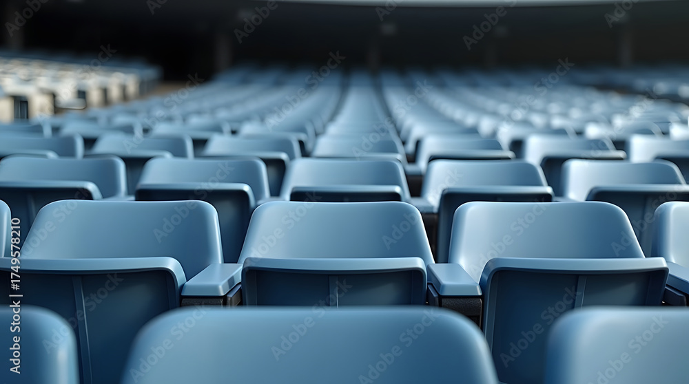 Fototapeta premium Rows of empty blue stadium seats in neat perspective, close-up.