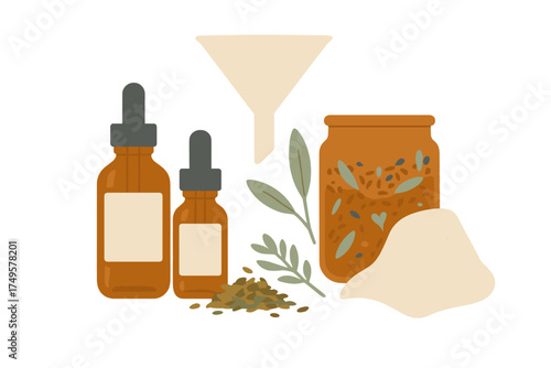 Herbal tincture preparation with dropper bottles and infusion jar