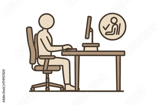 Figure seated at office desk demonstrating proper ergonomic computer posture