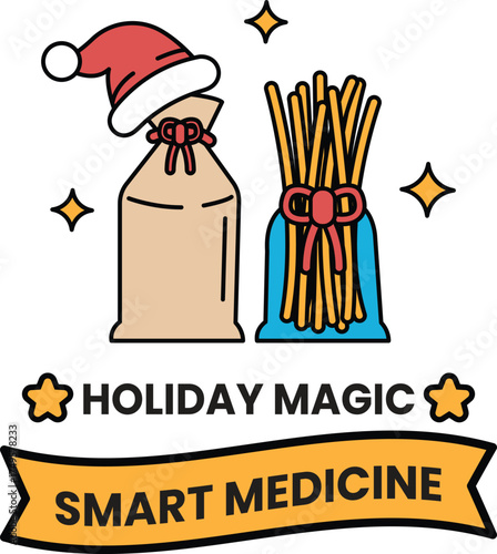 A holiday magic banner with a red hat and a white bag