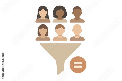 Diverse group of people passing through a selection funnel