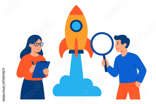 Business team launching rocket with magnifying glass and clipboard