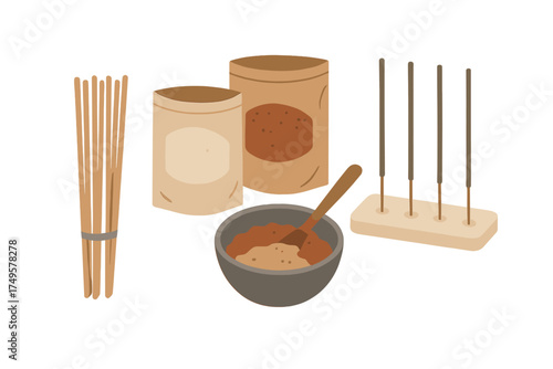 Aromatherapy supplies for making traditional incense sticks and burning ritual