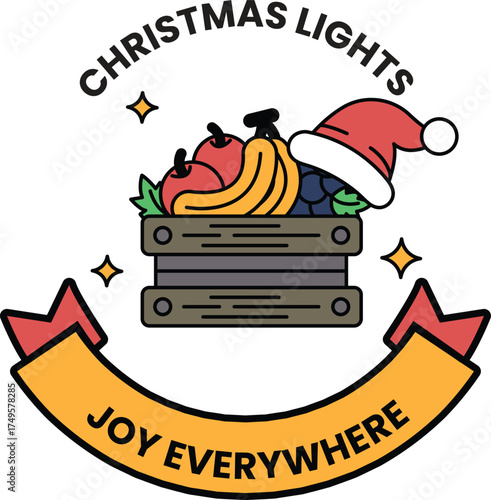 A Christmas light sign with a basket of fruit and a Santa hat