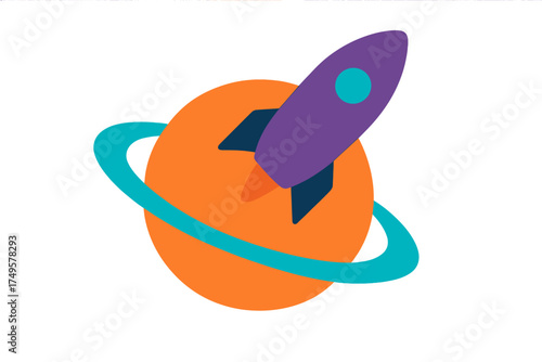 Stylized rocket launching past colorful planet with ring