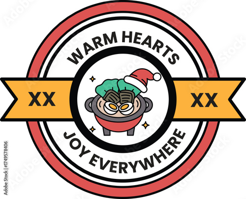 A red and white circle with a smiling face and a santa hat on it