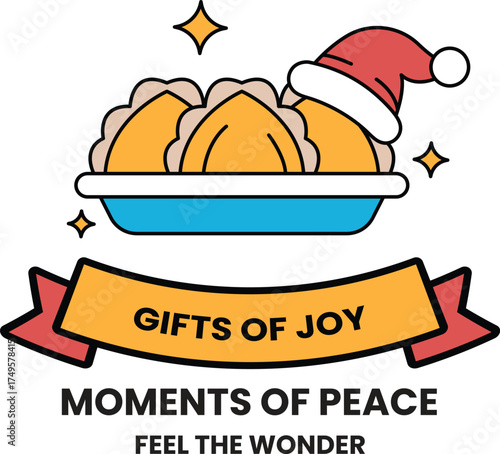 A plate of food with a hat on it and the words gifts of joy written below