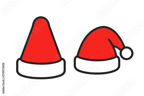 Simple red and white Santa Claus hats icons in two distinct styles