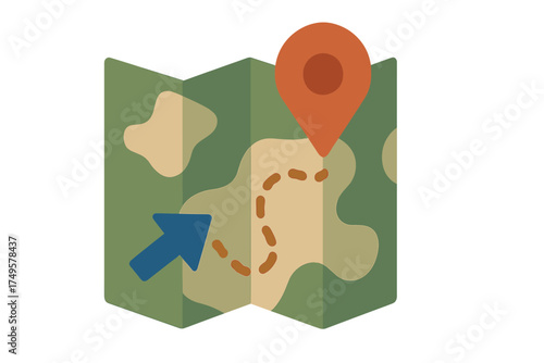 Folded camouflage map with location pin and navigation arrow