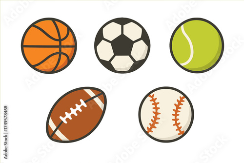 Five distinct sports balls icons collection on white background