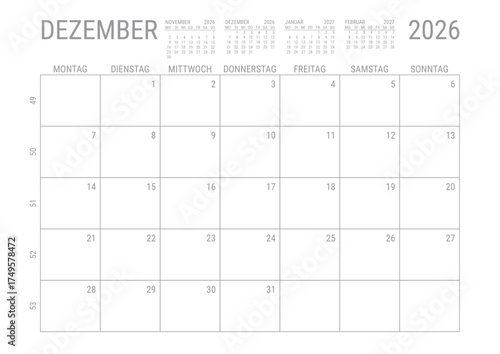 Dezember 2026 Monat Kalender Monatskalender Kalenderblatt Kalendarium mit Kalenderwoche Planer DIN A4 Deutsch	