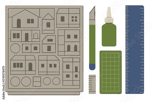 Papercraft Model Kit Elements with Cutting Tools and Ruler