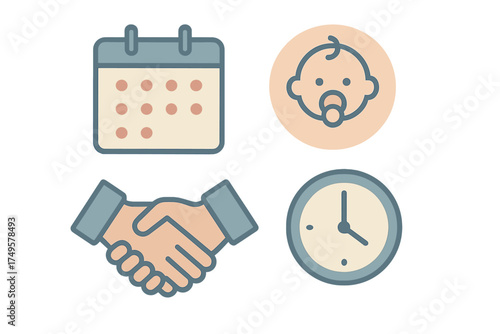 Icons for family planning, agreement, and time management concepts