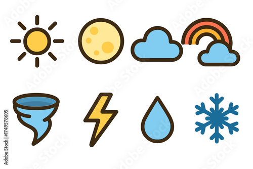 Colorful set of weather condition icons featuring sun, moon, clouds, and rain