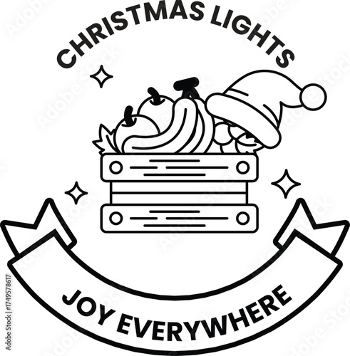A black and white Christmas light sign with a man in a hat and a basket of fruit