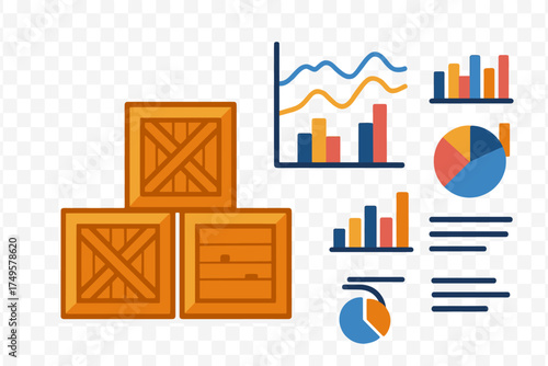 Wooden shipping crates and colorful data visualization charts collection
