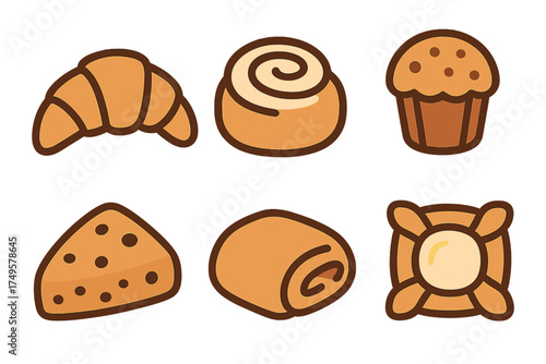 Set of six stylized icons representing various cute pastry and bakery items
