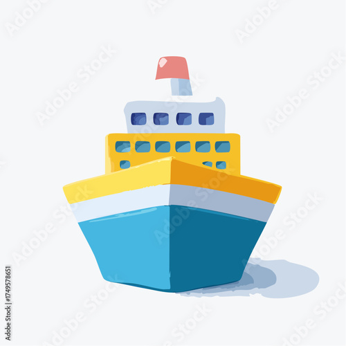 Cartoon illustration of a cruise ship with blue hull and yellow accents