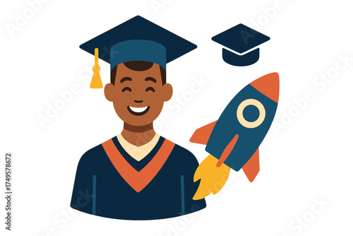 Happy graduate student launching into career success with powerful rocket