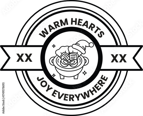 A black and white logo for Warm Hearts that says Joy Everywhere