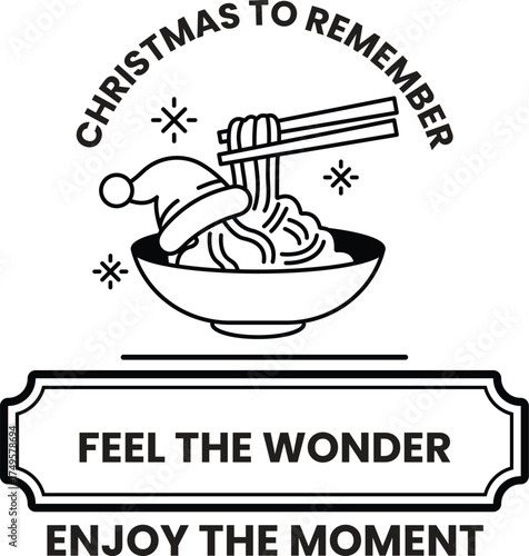 A black and white image of a bowl of noodles with a santa hat on top