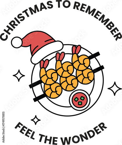 A Christmas themed plate of shrimp with a santa hat on it