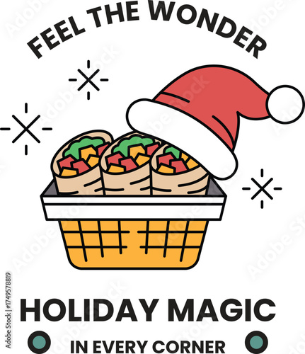 A basket of food with a santa hat on top