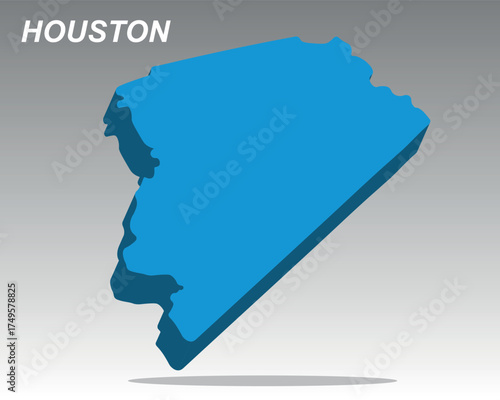 3D map provides a sharp, clean vector outline of Houston, Texas, the major metropolitan hub in the southern United States. Use this popular, modern graphic for presentations, digital infographics