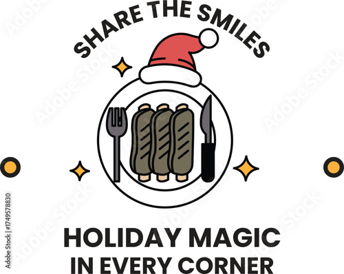 A plate of food with a fork and knife on it with a santa hat on top