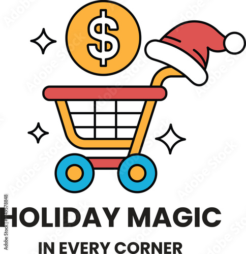 A cartoon of a shopping cart with a dollar sign on it and a Santa hat on it