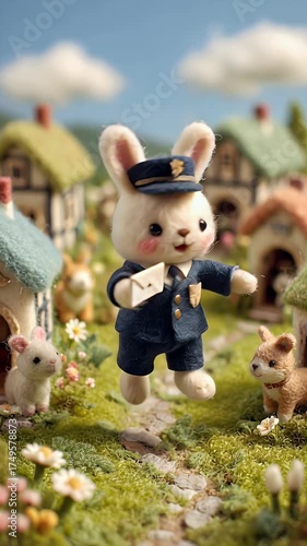 Animated postal worker rabbit delivering letter in miniature village scene