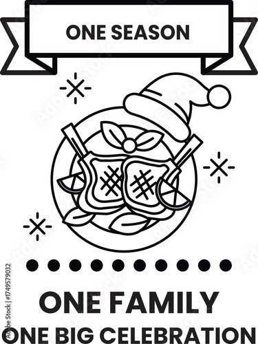 A black and white image of a plate of food with a white ribbon that says "One Se