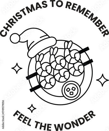 A black and white Christmas themed plate with a hat on it