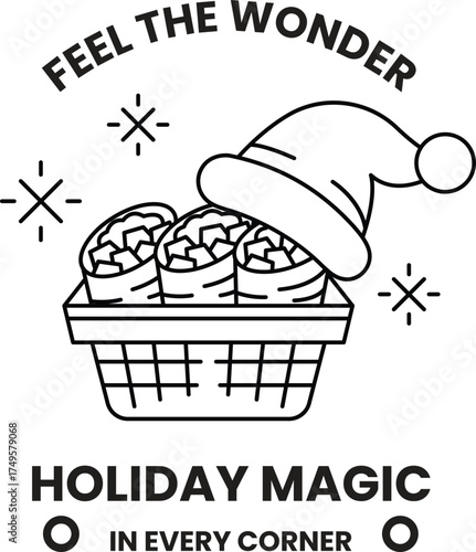 A black and white image of a basket of food with a hat on top of it