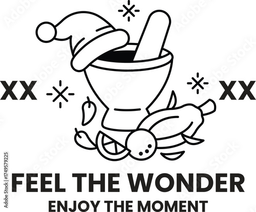 A black and white image of a bowl with a hat on top of it