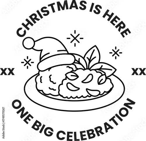 A black and white image of a plate of food with a santa hat on it
