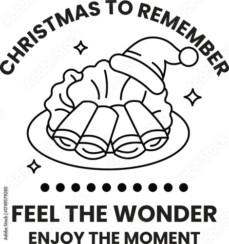 A black and white image of a plate of food with a santa hat on it