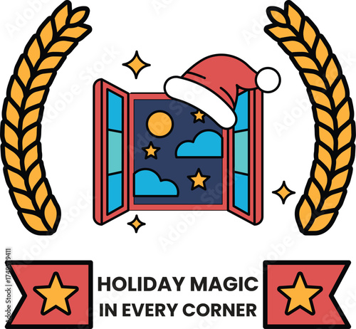 A Christmas themed poster with a window and a hat on it