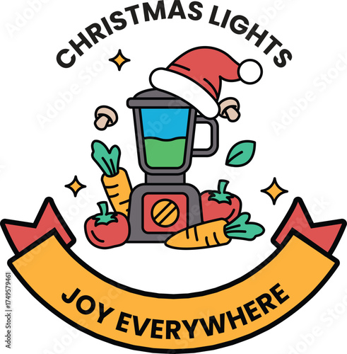 A Christmas lights sticker with a blender and vegetables on it