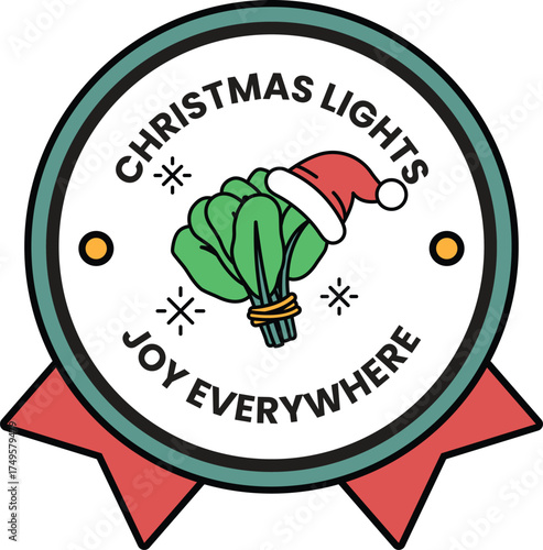 A Christmas light sticker with a green plant and a red hat on it
