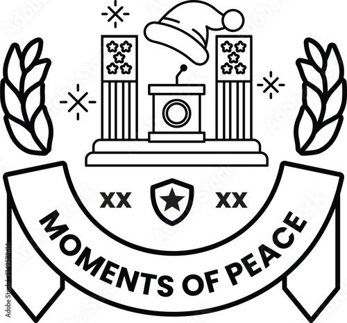 A black and white logo with a microphone and a hat on top of it