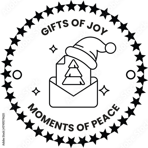 A black and white image of a Christmas tree with a hat on it
