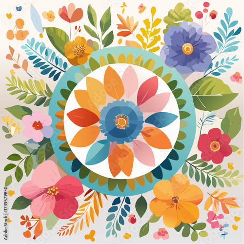 Colorful floral mandala illustration with flowers and leaves in vibrant hues