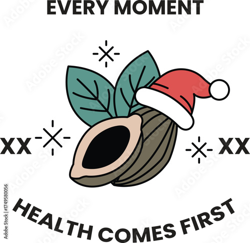 A chocolate nut with a santa hat on it